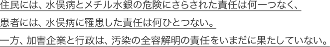 住民には、水俣病とメチル水銀の危険にさらされた責任は何一つなく、患者には、水俣病に罹患した責任は何ひとつない。一方、加害企業と行政は、汚染の全容解明の責任をいまだに果たしていない。